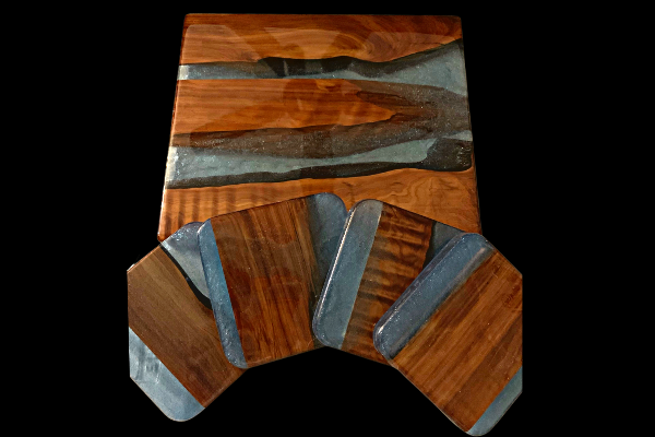 wood workz charcuterie board and coasters with turquoise