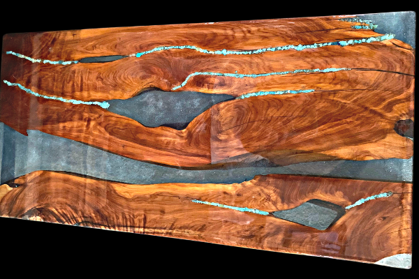 wood charcuterie board with turquoise